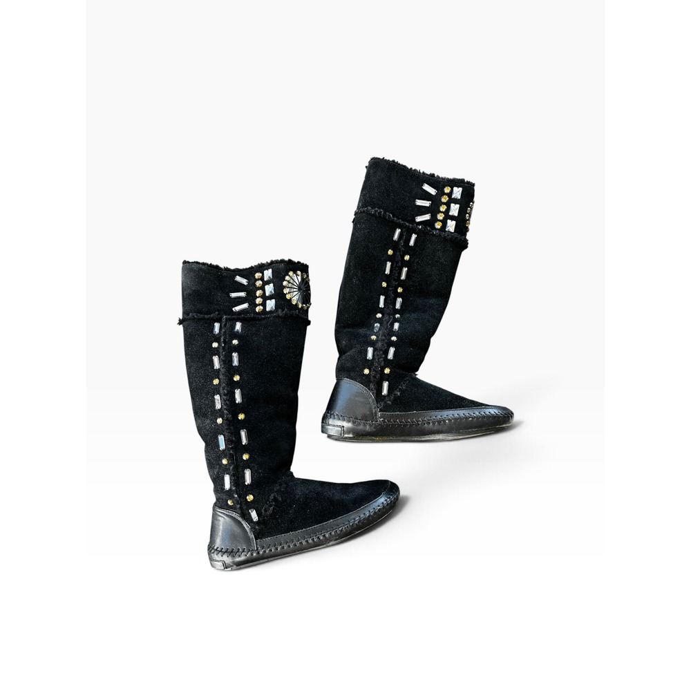 Tory Burch Moccasin Boots 8 Black Suede Crystal Rhinestone Tall Boho Sherpa